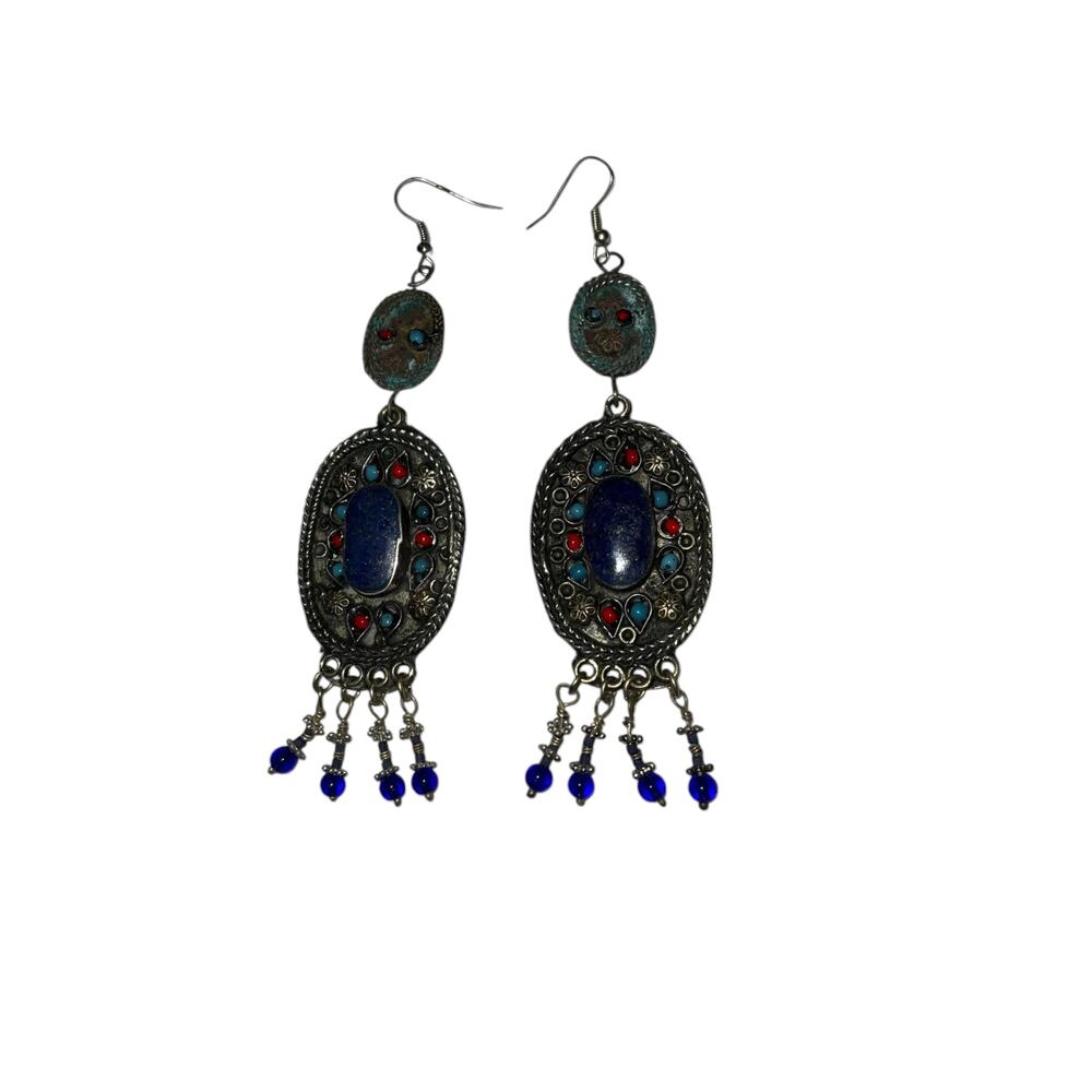 Iris Apfel & Bajalia Lapis Lazuli Gemstone Dangle Earrings Silver Hook Boho Chic